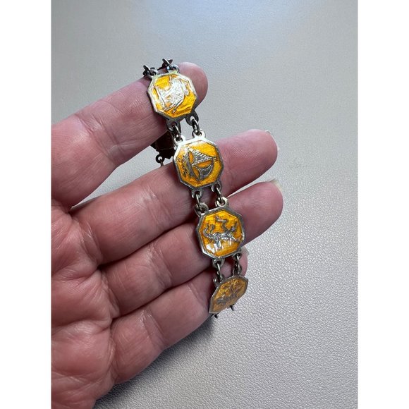 Vintage Sterling Silver Siam Niello Link Bracelet - Yellow Enamel, Thailand - Picture 3 of 16